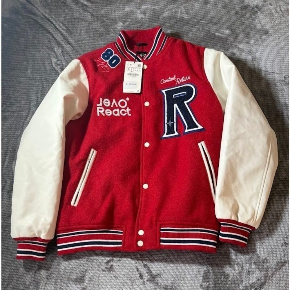Zara Red Varsity Jacket White Faux Leather Sleeves Embroidered Patch Small NWT
